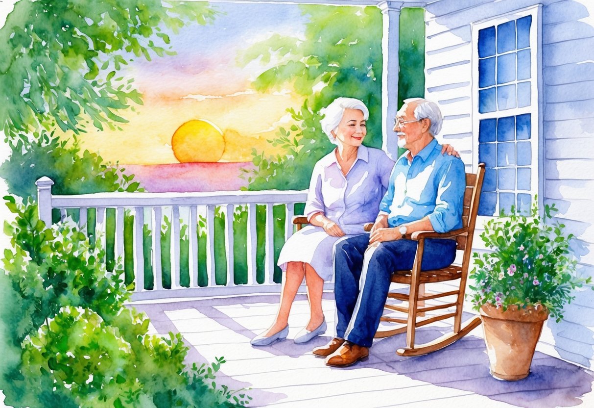 A serene, elderly couple sitting on a porch, surrounded by lush greenery and a peaceful sunset, discussing retirement income needs