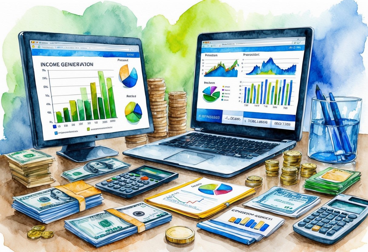 A diverse range of investment assets, including real estate, bonds, and commodities, are spread out on a table. Graphs and charts showing income generation and risk tolerance are displayed on a computer screen
