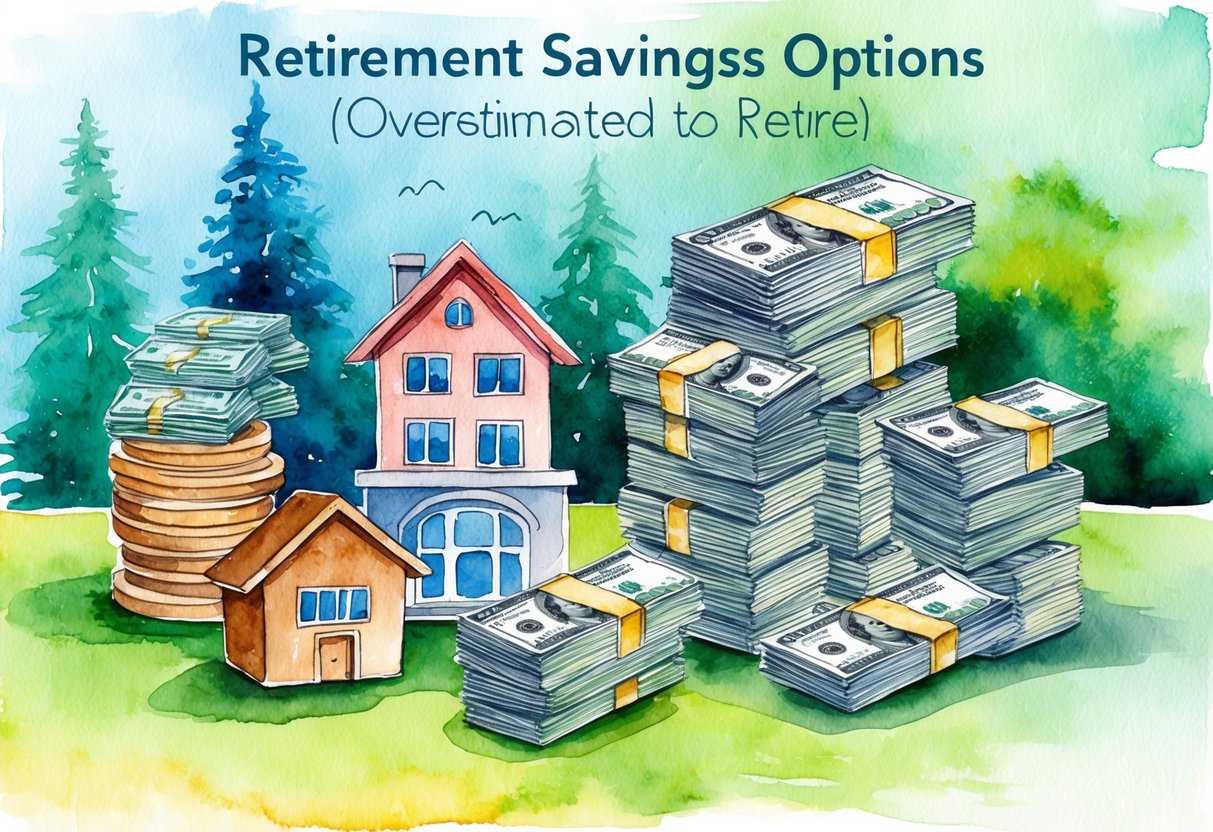 A diverse group of retirement savings options, including stocks, bonds, real estate, and savings accounts, with a stack of money representing the overestimated income needed to retire