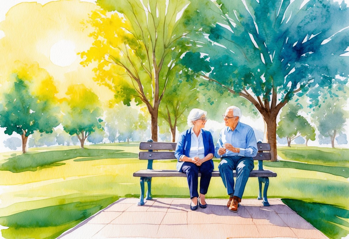 A serene and sunny park with a couple of elderly individuals sitting on a bench, discussing investment strategies for a secure retirement