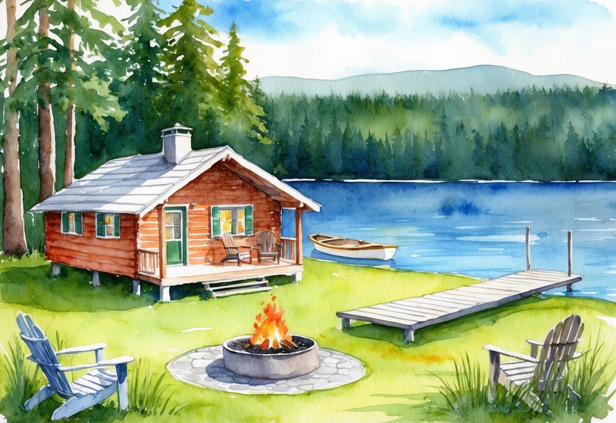 A serene lakeside cabin with a cozy fire pit, a small boat dock, and a lush forest in the background