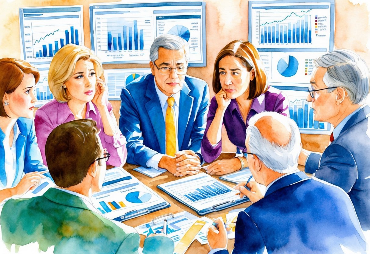 A group of people surrounded by financial charts and graphs, looking puzzled and concerned as they discuss retirement planning