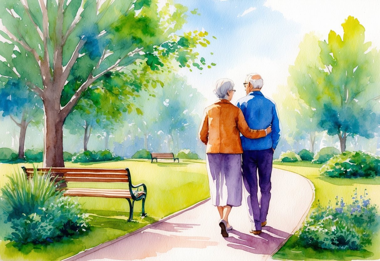 A serene, elderly couple enjoying a leisurely stroll through a peaceful park, surrounded by lush greenery and the gentle sounds of nature
