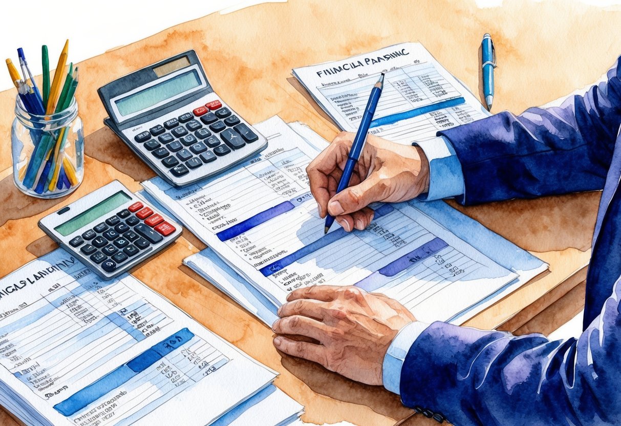 A person sitting at a desk, surrounded by financial documents and a calculator. They are carefully budgeting and planning for retirement and unexpected expenses