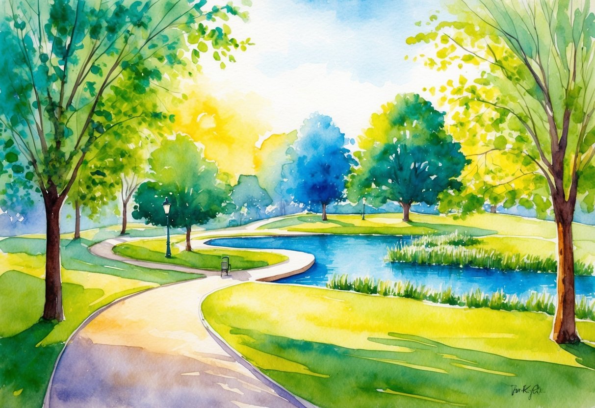 A serene, sunlit park with a winding path leading to a peaceful pond, surrounded by vibrant greenery and a sense of tranquility