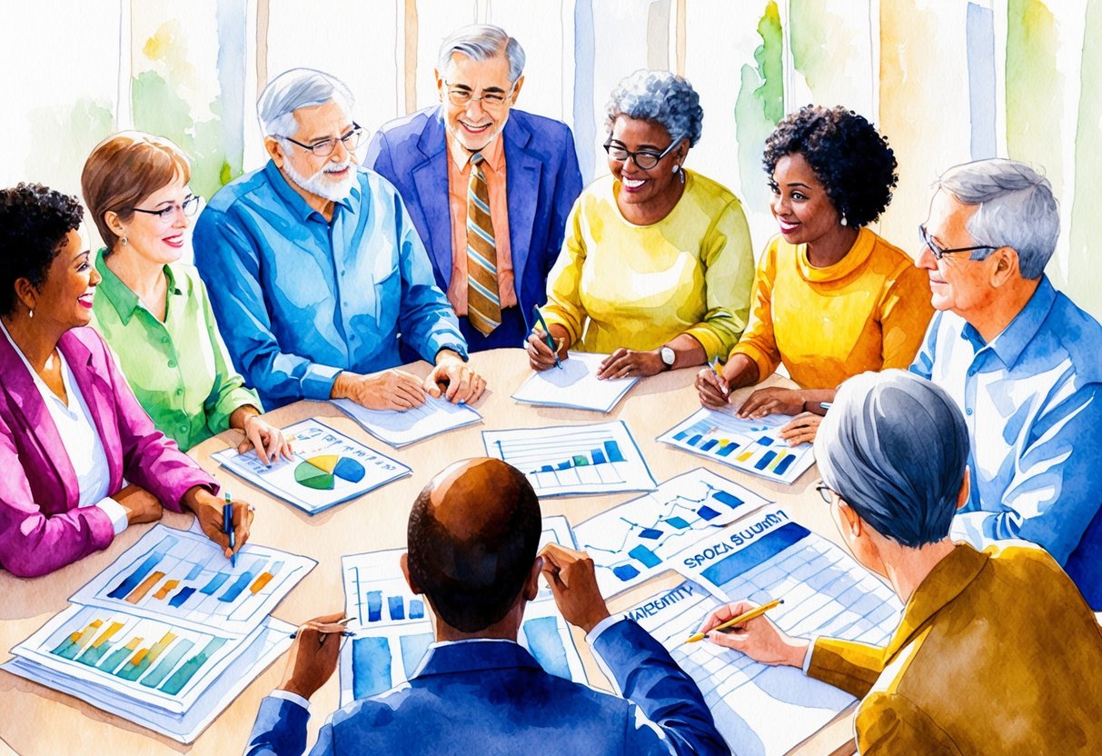 A group of people of various ages and backgrounds are gathered around a table, discussing retirement planning and social security benefits. Charts and graphs are spread out in front of them as they brainstorm ideas