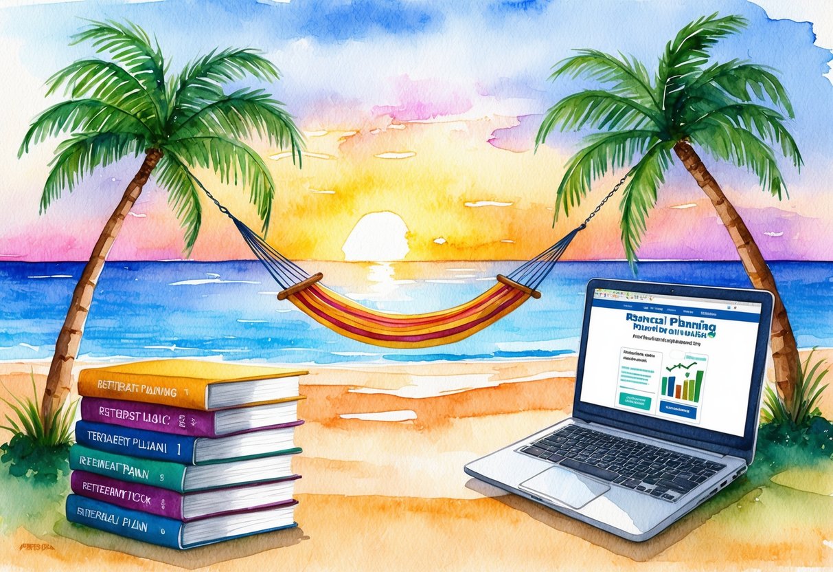 A serene beach at sunset with a hammock between two palm trees, a stack of books on retirement planning, and a laptop open to a financial advice website
