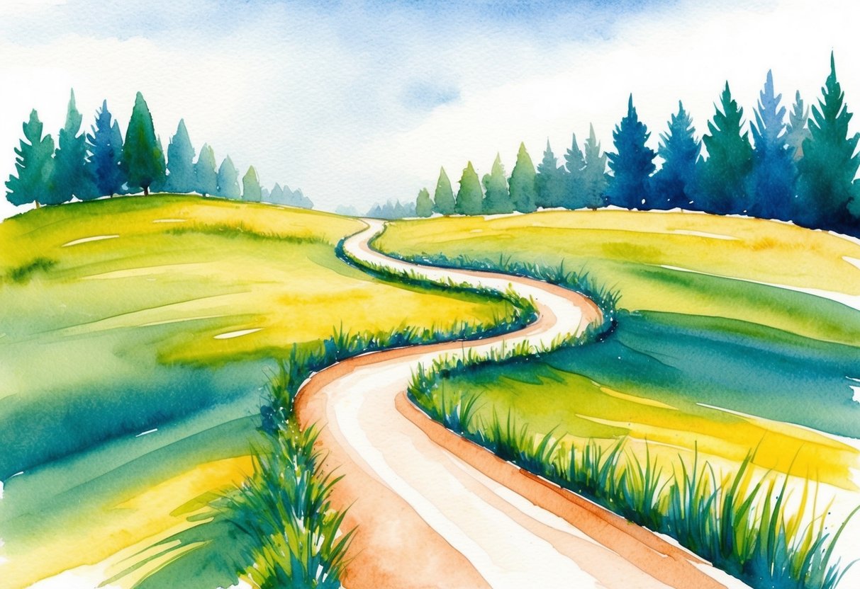 A serene, idyllic landscape with a winding path leading towards a peaceful and prosperous future, symbolizing financial independence and retirement security