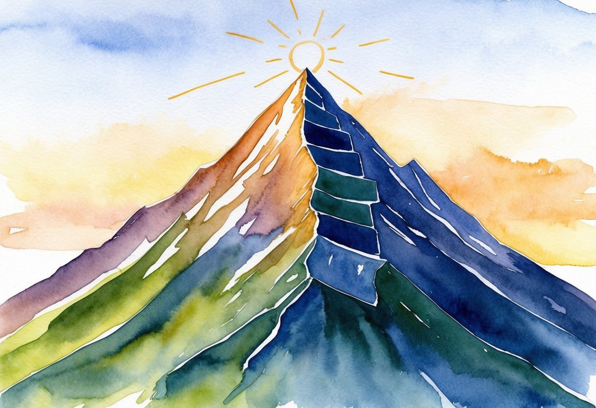 A mountain peak with five ascending steps leading to the top, each step representing a financial milestone. Sunrise illuminates the scene
