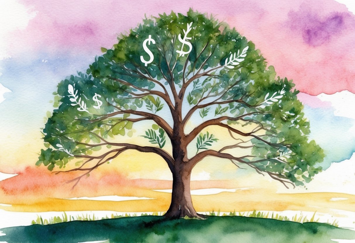 A mature tree with five branches reaching different heights, each representing a financial milestone, against a backdrop of a sunset