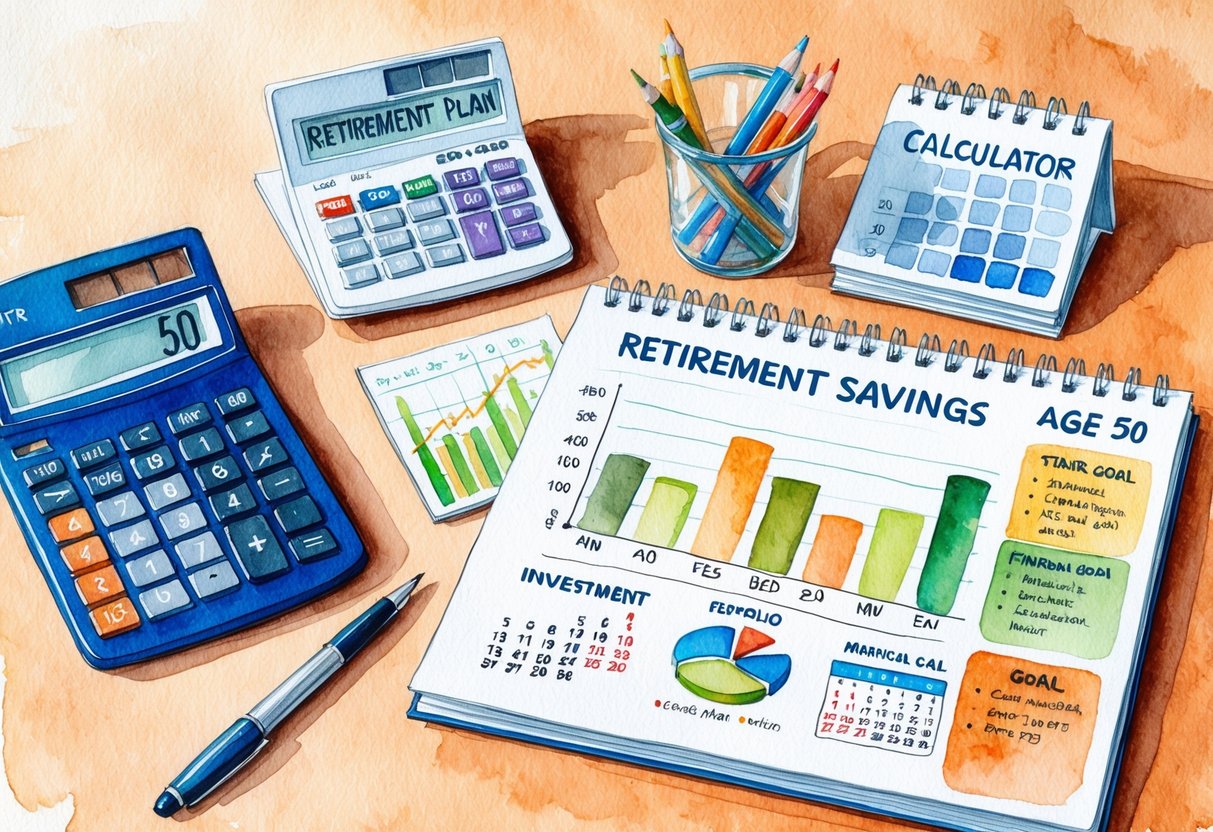 A desk with a calculator, retirement savings plan, investment portfolio, financial goal chart, and a calendar showing age 50