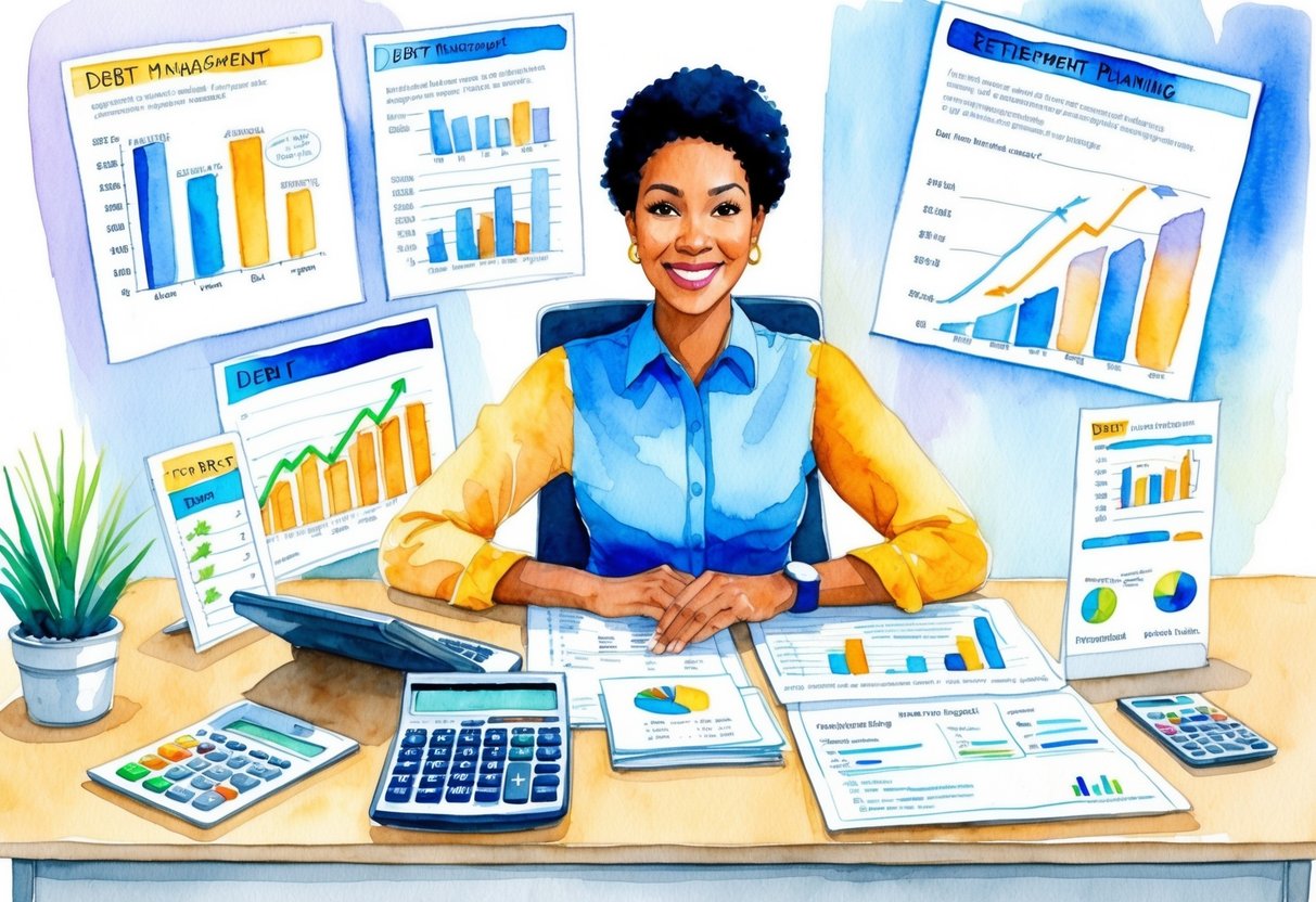 A person sitting at a desk with a calculator and financial documents, surrounded by charts and graphs showing debt management strategies and retirement planning
