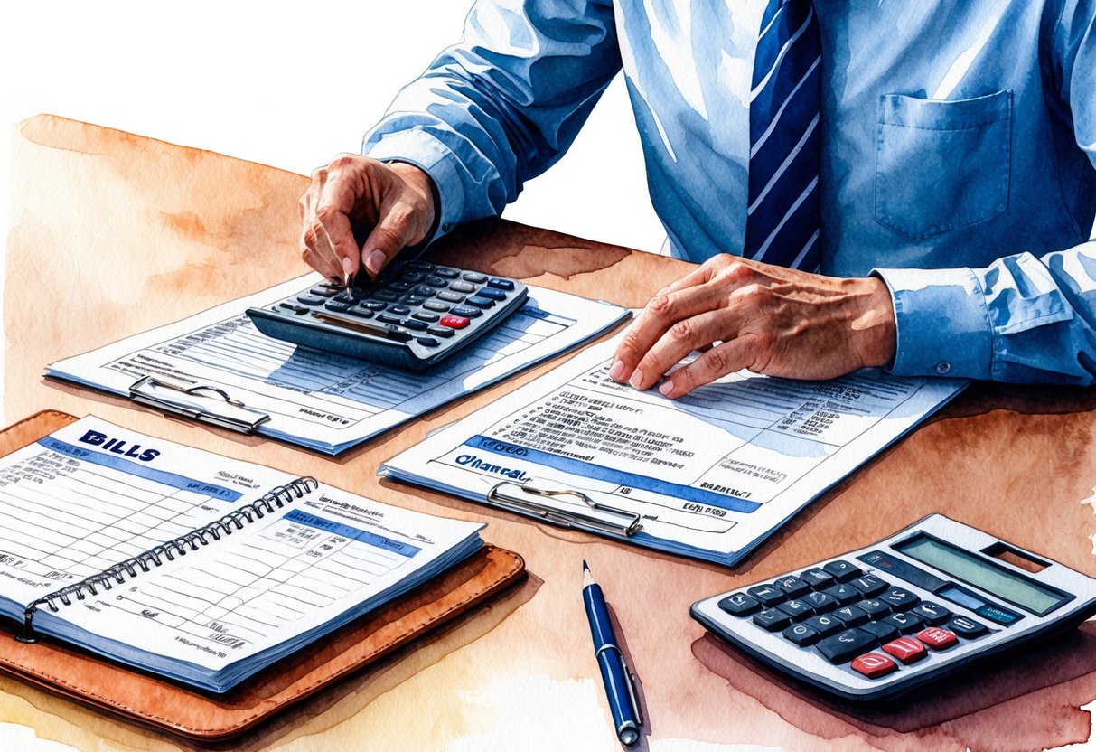 A person reviewing bills and financial documents, with a calculator and notebook on a desk