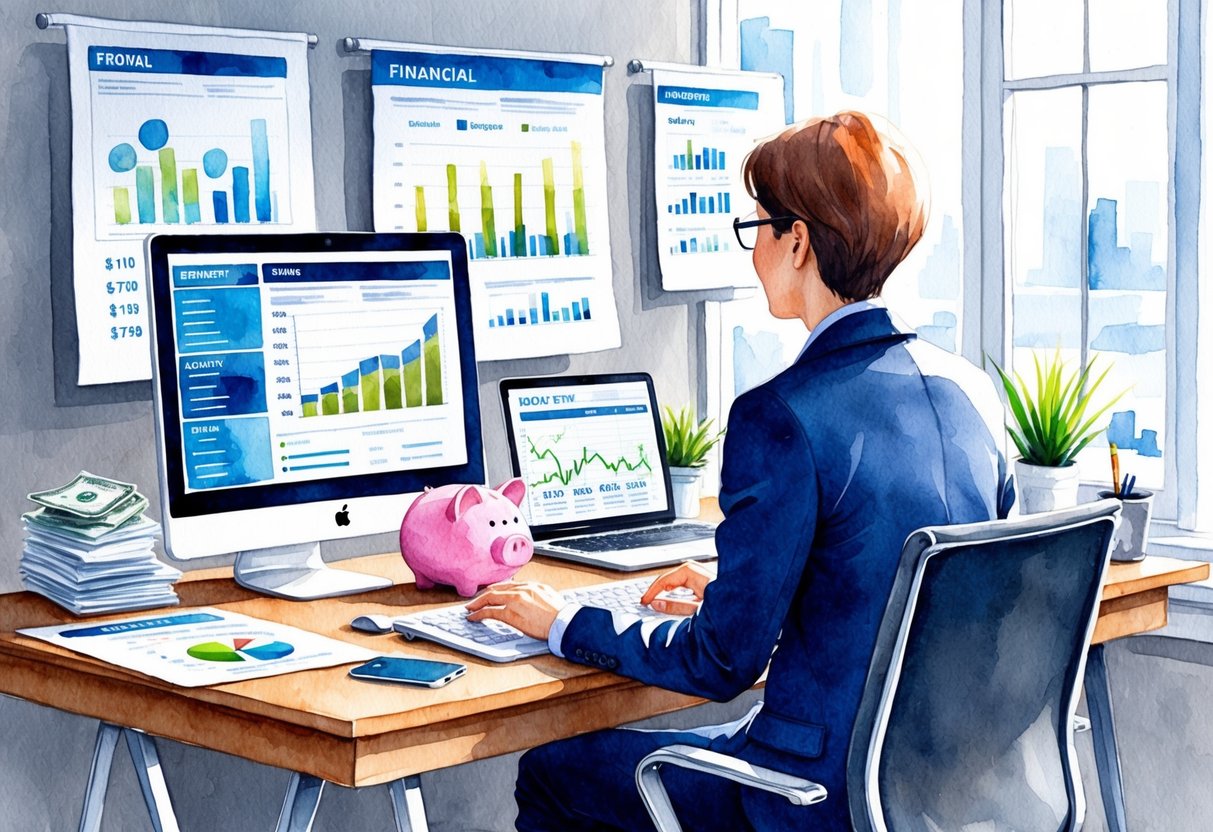 A person sitting at a desk with a computer, surrounded by financial documents and charts, with a piggy bank and retirement savings account visible