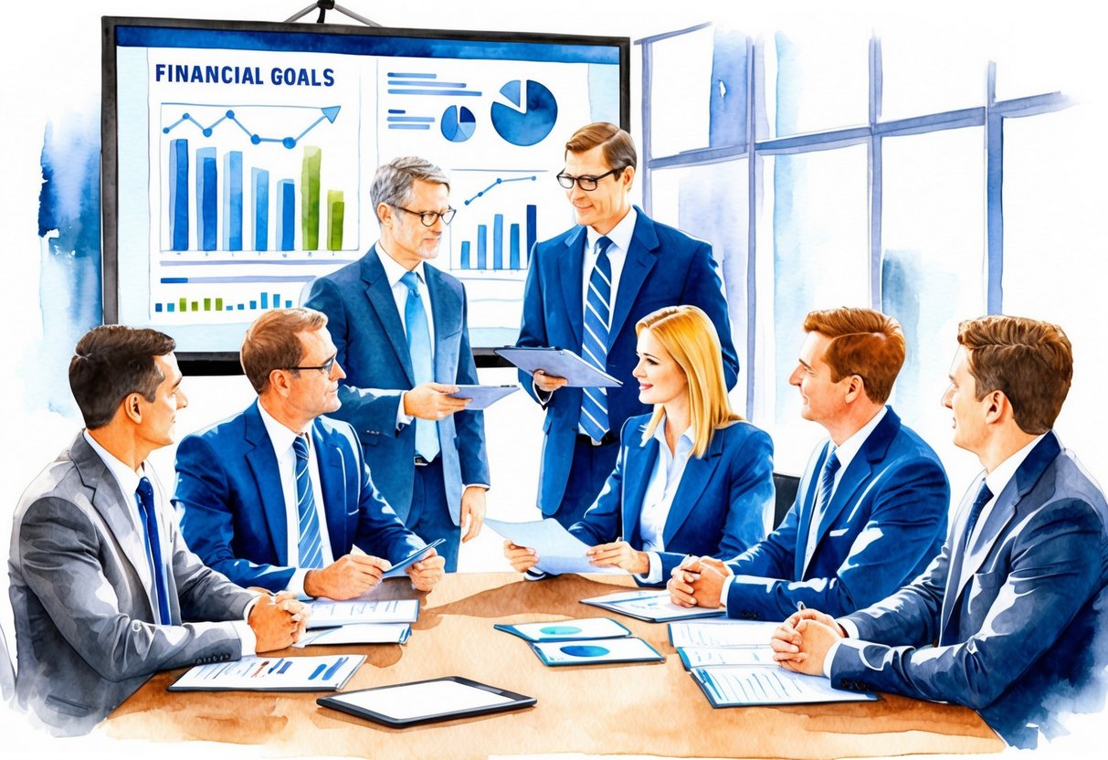 A group of professionals discussing financial goals at a conference table, with charts and graphs displayed on a screen behind them