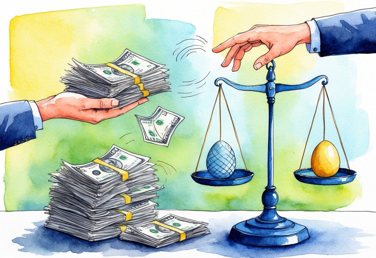 A person juggling a stack of bills and a nest egg, with a scale representing the balance between debt repayment and retirement savings