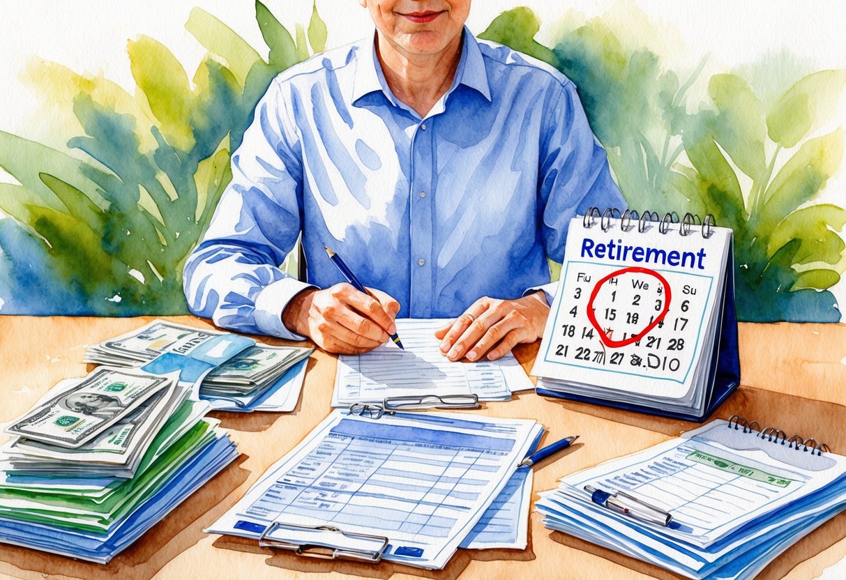 A person sitting at a desk, surrounded by bills and financial documents, with a calendar showing the date of retirement circled in red