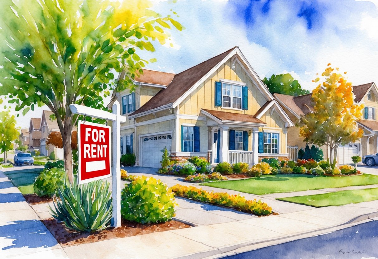 A sunny rental property with a "For Rent" sign out front, surrounded by well-maintained landscaping and a vibrant neighborhood