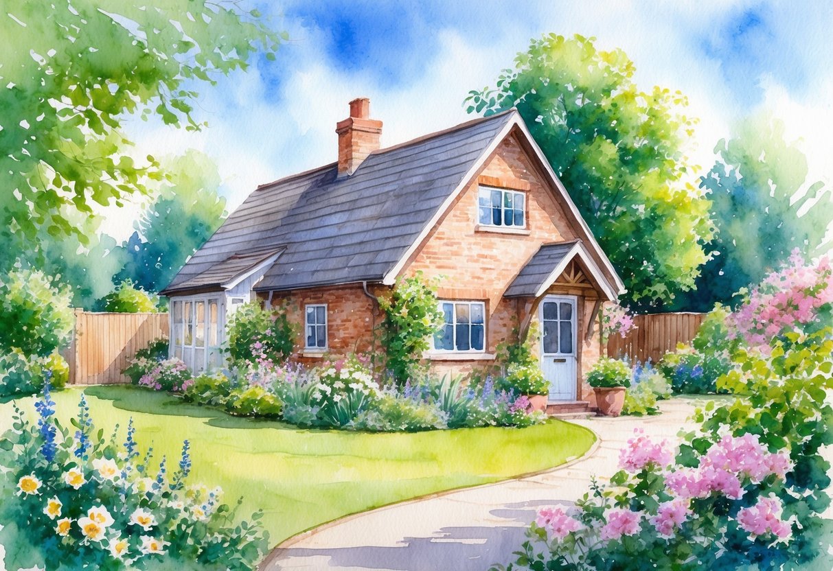 A serene and peaceful garden with a cozy retirement cottage, surrounded by blooming flowers and lush greenery, with a clear blue sky above