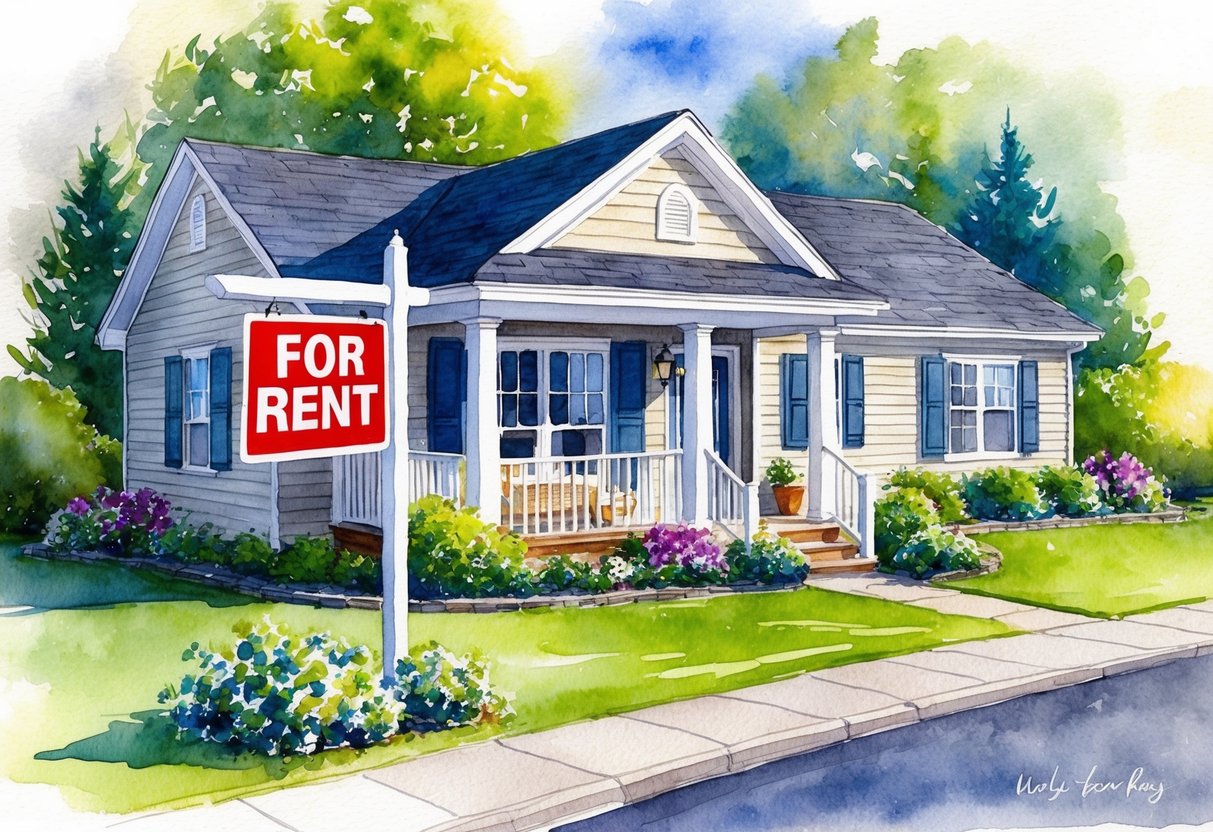 A cozy rental property with a "For Rent" sign out front, surrounded by well-maintained landscaping and a steady stream of rental income flowing into the owner's bank account
