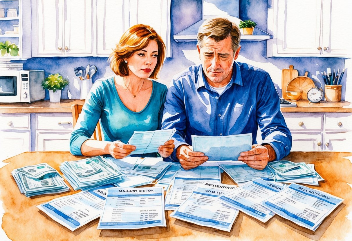 A couple sitting at a kitchen table, looking at their finances with worried expressions. Bills and retirement savings statements scattered on the table