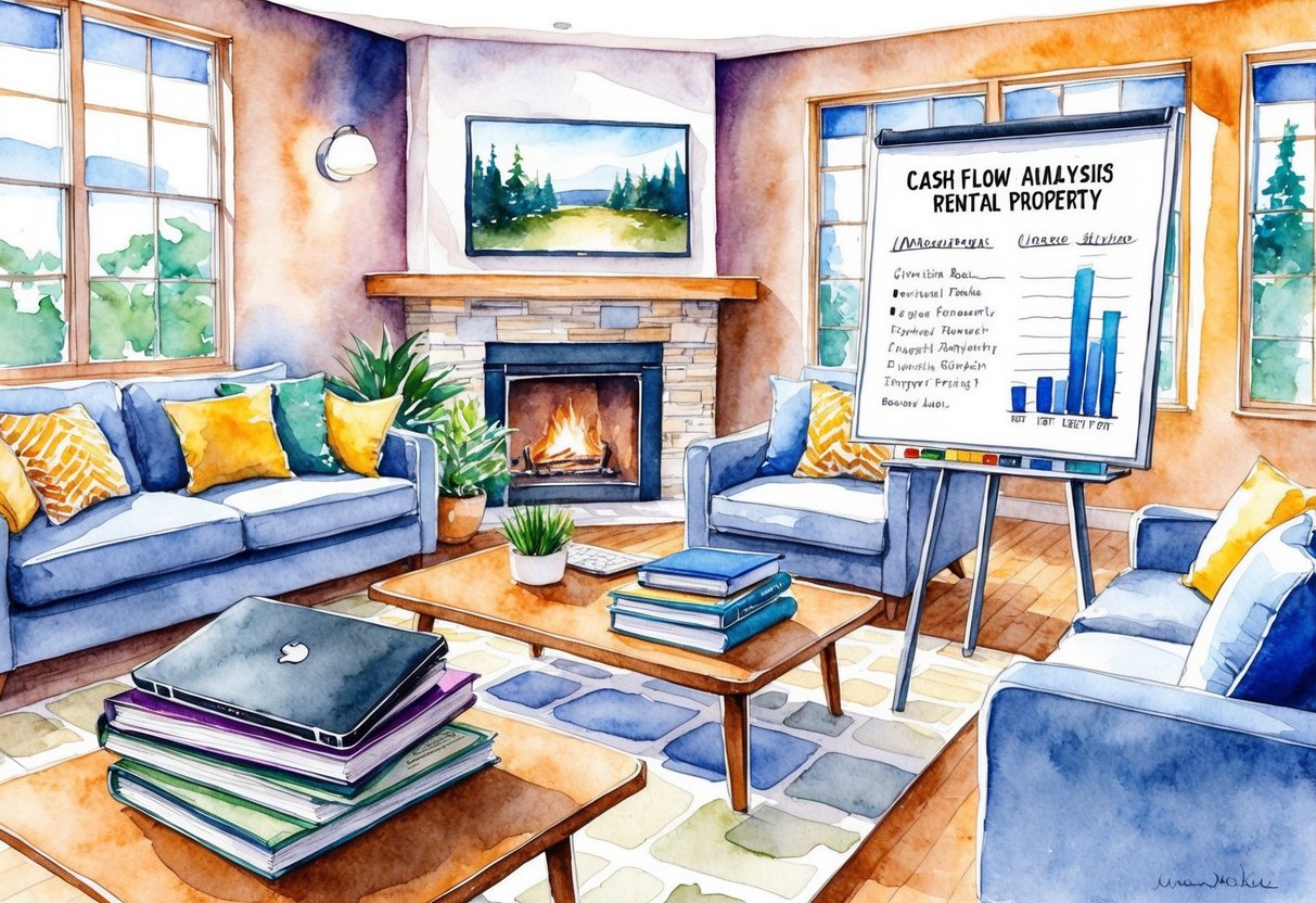 A cozy living room with a fireplace, large windows, and comfortable furniture. A stack of financial books and a laptop sit on the coffee table, while a whiteboard displays a detailed cash flow analysis for a rental property