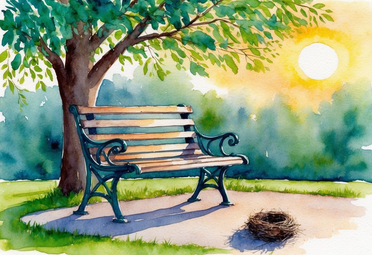 A serene park bench beneath a leafy tree, with a small, empty nest resting on the ground nearby. The sun is setting, casting a warm glow over the scene