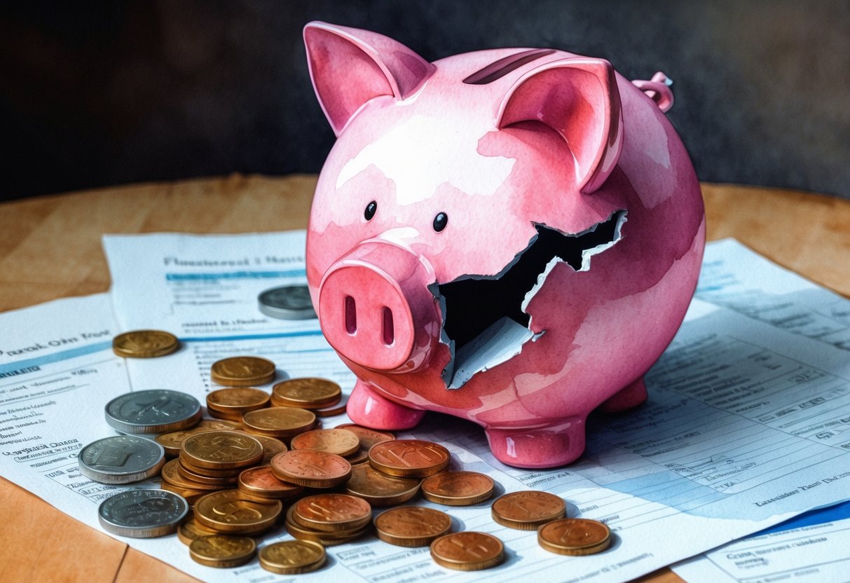 A broken piggy bank surrounded by scattered coins and financial documents