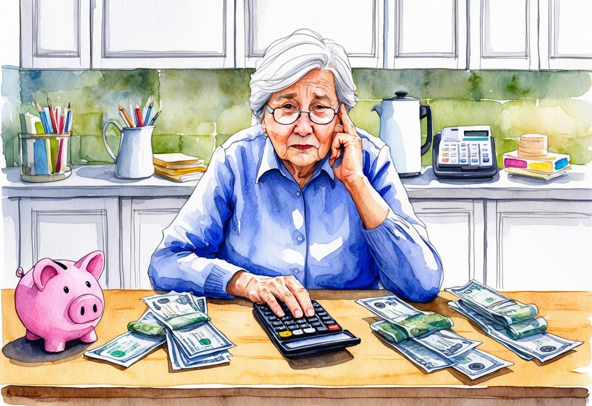 An elderly person sitting at a kitchen table, surrounded by bills, a calculator, and a worried expression. A piggy bank sits empty on the counter