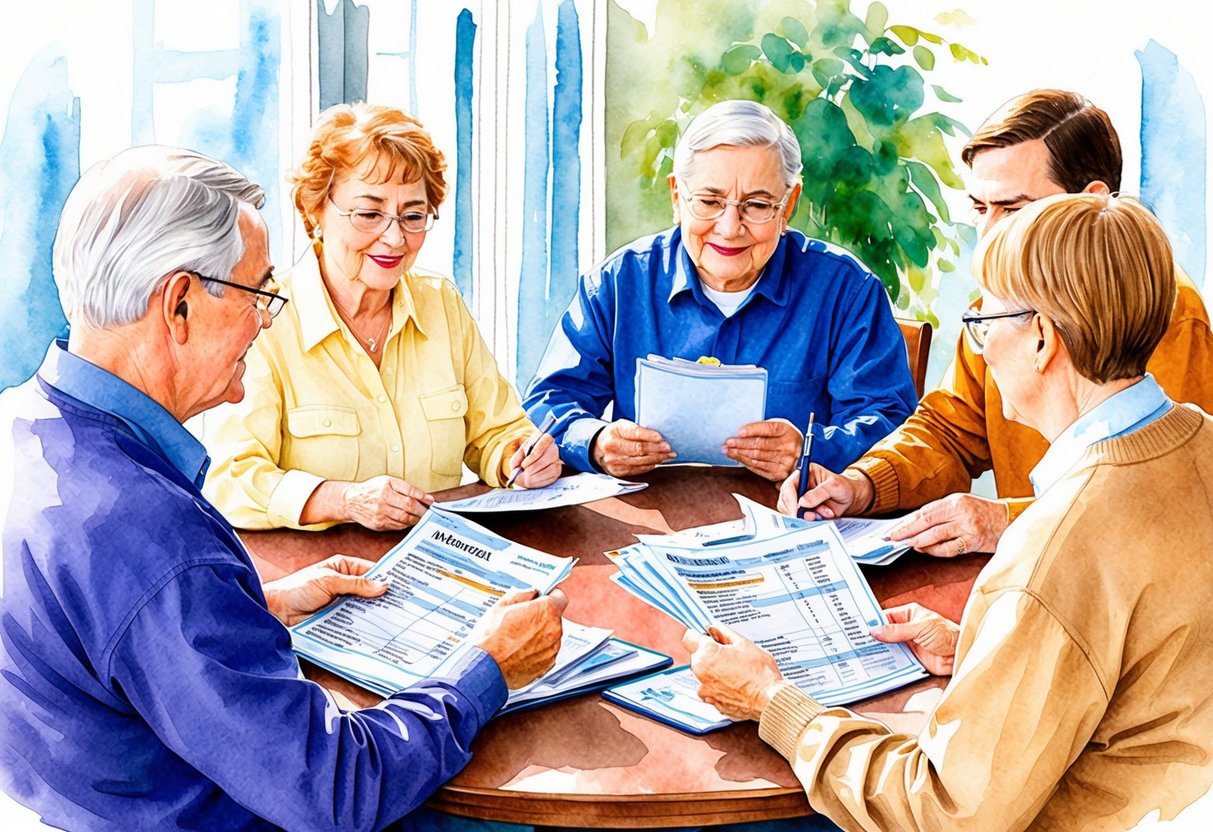 A group of retired individuals sitting around a table, looking at financial documents and discussing their retirement savings