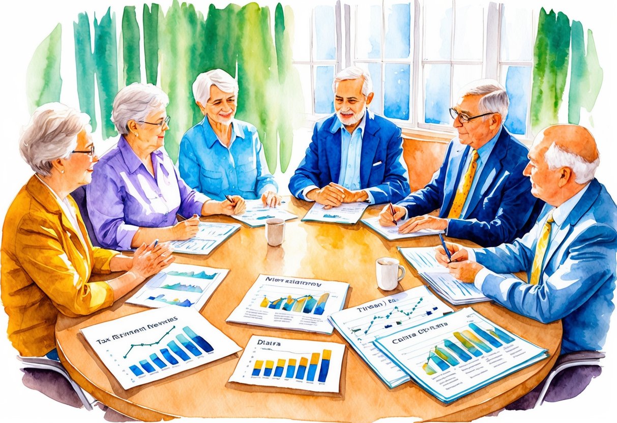 A group of elderly individuals sitting around a table, discussing retirement plans and potential mistakes to avoid. Charts and graphs are spread out in front of them, illustrating tax implications and financial strategies