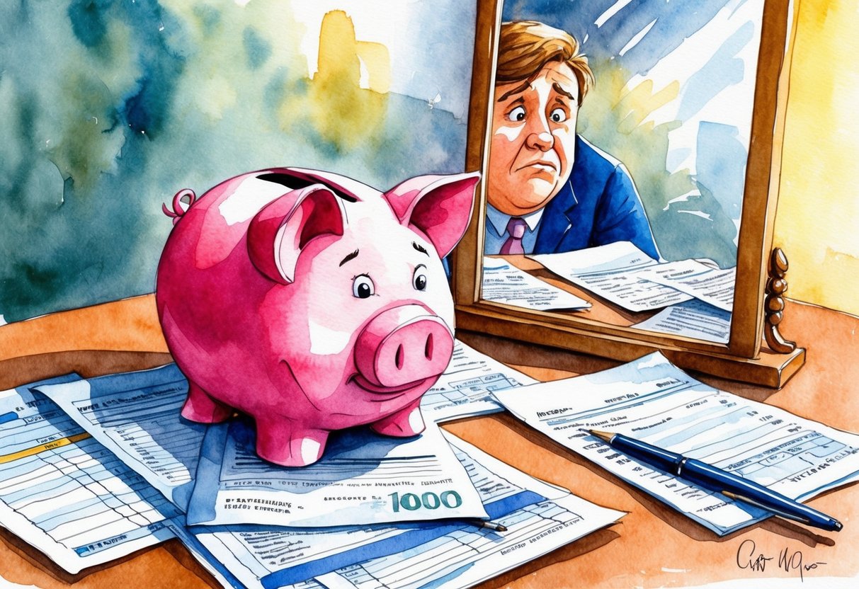 A broken piggy bank lies on a table, surrounded by unpaid bills and financial documents. A worried expression is reflected in the mirror