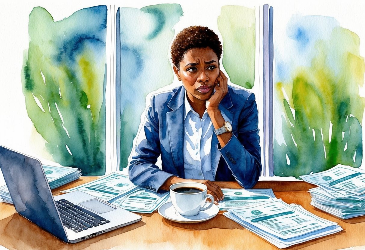 A person sitting at a desk surrounded by financial documents, a laptop, and a cup of coffee. They are deep in thought, with a concerned expression on their face