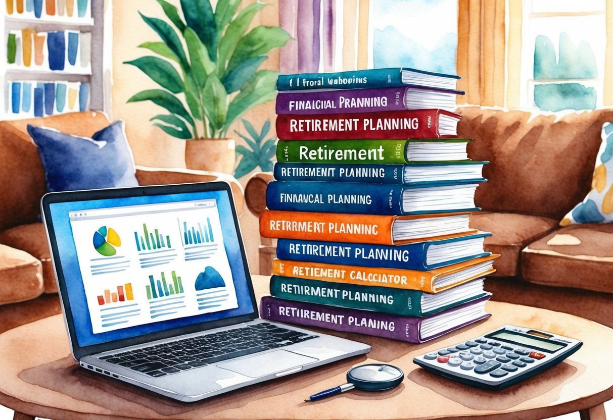 A cozy living room with a stack of retirement planning books, a calculator, and a laptop open to financial websites