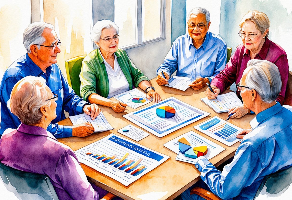 A group of elderly individuals sit around a table, discussing retirement planning. Charts and graphs are spread out in front of them, and they appear engaged in conversation