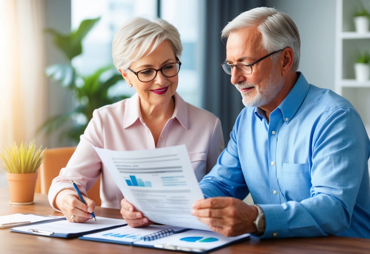 A senior couple reviewing financial documents with a financial advisor, while discussing retirement planning and healthcare considerations