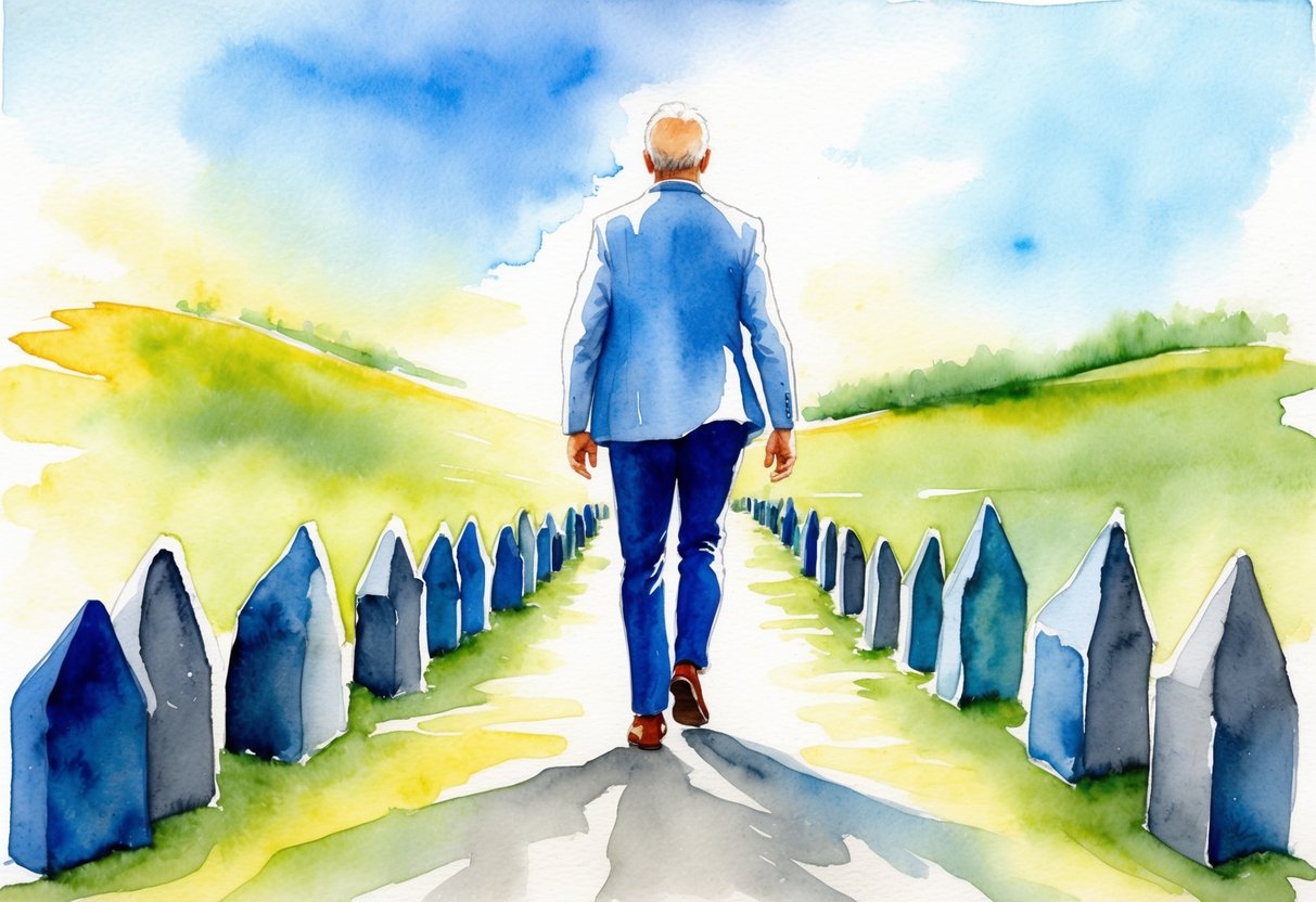 A serene and confident individual walking away from a series of pitfalls, with a clear path ahead leading towards a bright and secure retirement