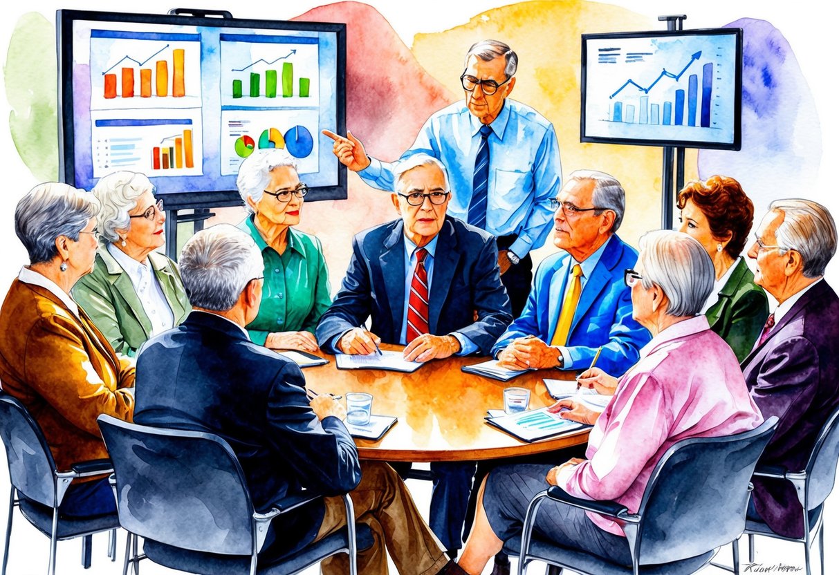 A group of elderly individuals sit around a table, listening intently to a financial advisor as they discuss retirement planning. Charts and graphs are displayed on a screen behind the advisor