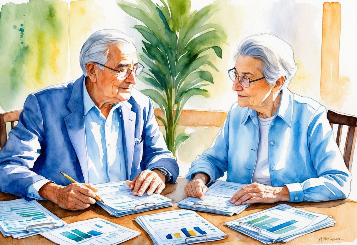 A serene elderly couple sitting at a table, surrounded by financial documents and charts. They are deep in conversation, with a look of determination on their faces
