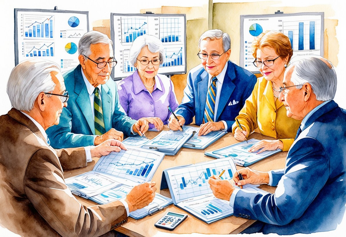 A group of elderly individuals making financial decisions, surrounded by charts and graphs. Some are making mistakes, while others are learning how to avoid them