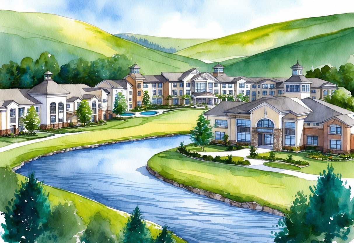 A serene, idyllic retirement community nestled among rolling hills, with a mix of modern and traditional architecture, surrounded by lush greenery and a peaceful, flowing river