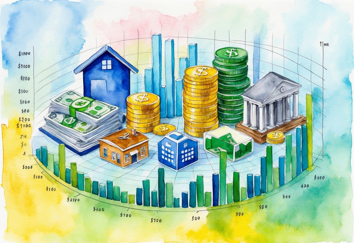 A diverse group of financial assets fluctuating in value, including stocks, bonds, real estate, and commodities, surrounded by a dynamic graph showing changing income levels over time