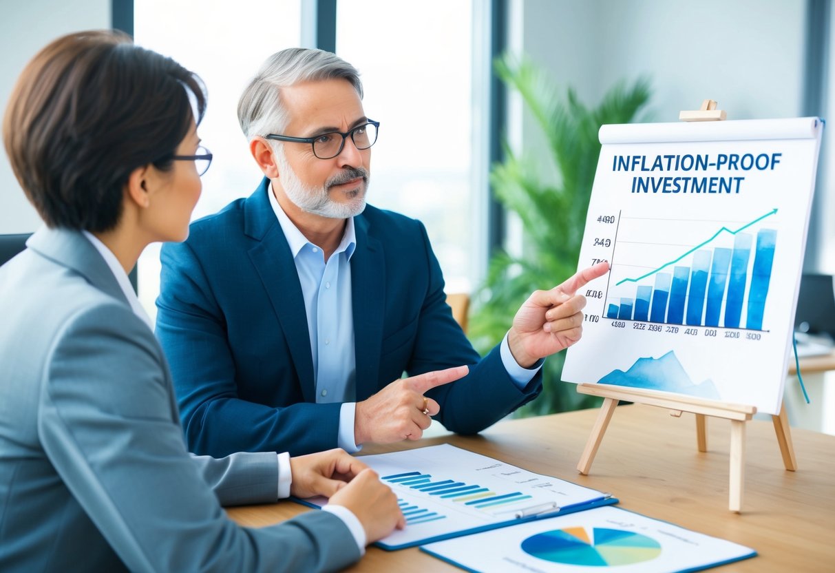 A person consults with a financial advisor in an office, discussing retirement plans and investment strategies. The advisor points to a chart showing inflation-proof investment options