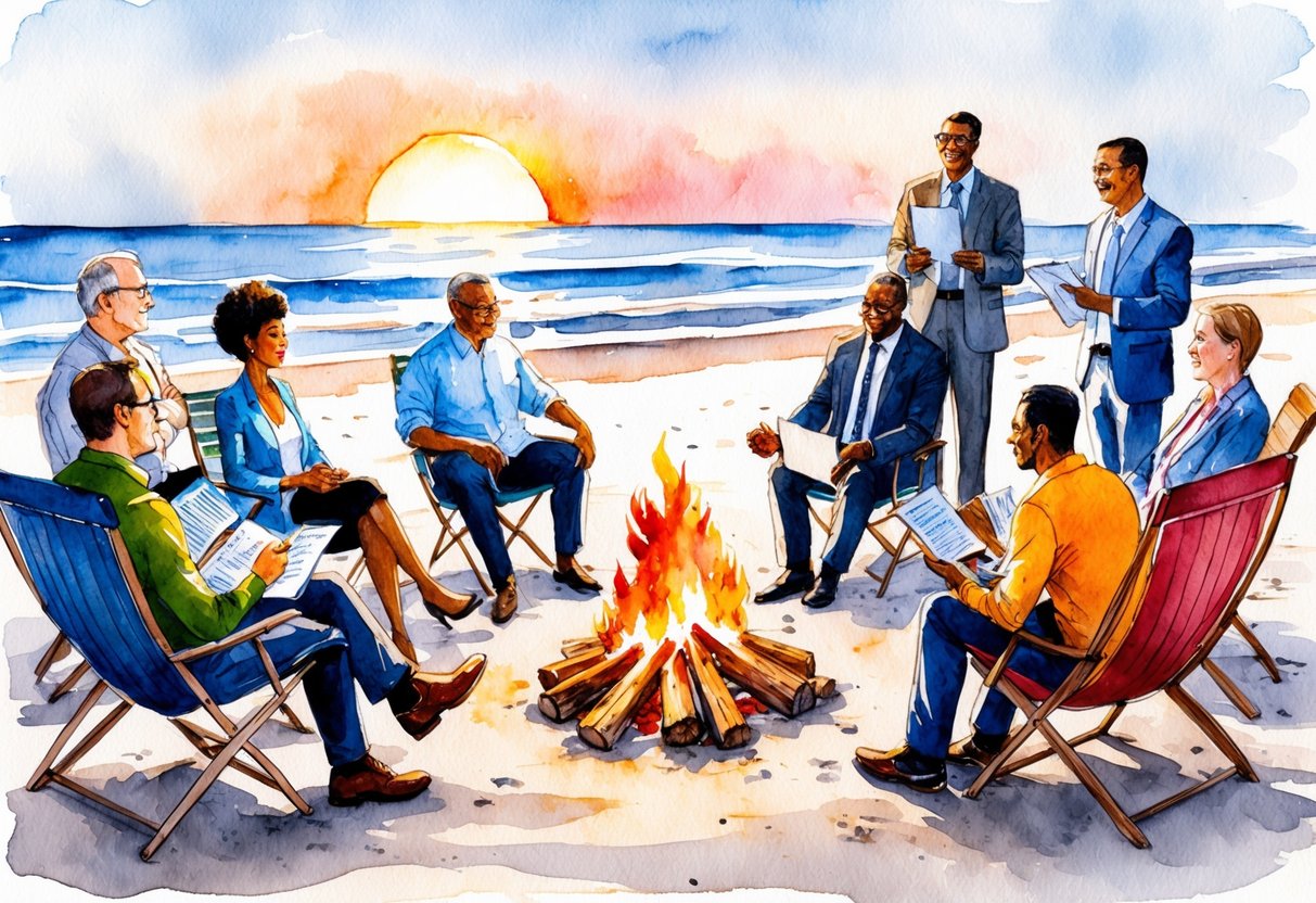 A serene beach with a bonfire, surrounded by people of different ages and backgrounds discussing financial strategies and tools. The sun is setting in the background, casting a warm glow over the scene