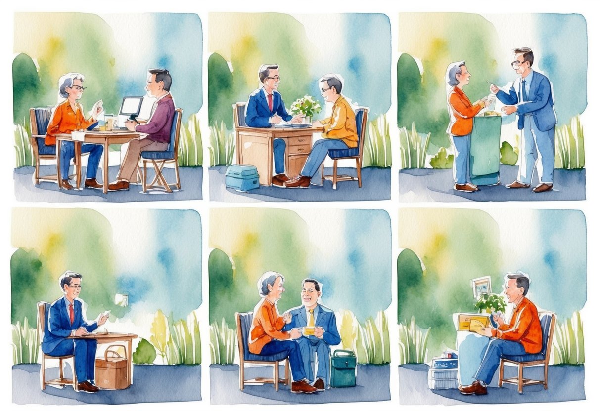 A series of scenes showing a person working, saving, investing, and enjoying financial independence in retirement