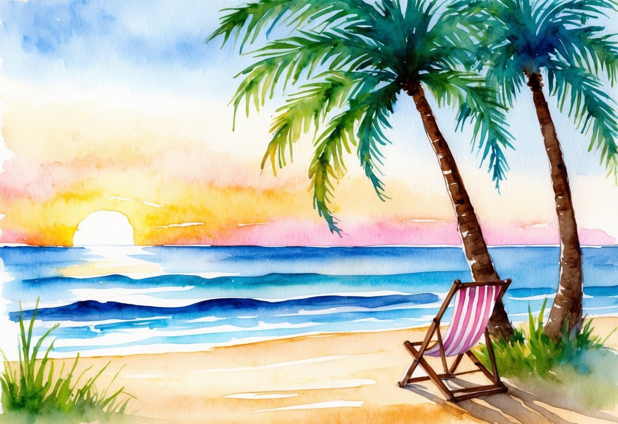 A serene beach at sunset, with a lone beach chair facing the ocean. A gentle breeze rustles the palm trees, creating a peaceful and idyllic setting