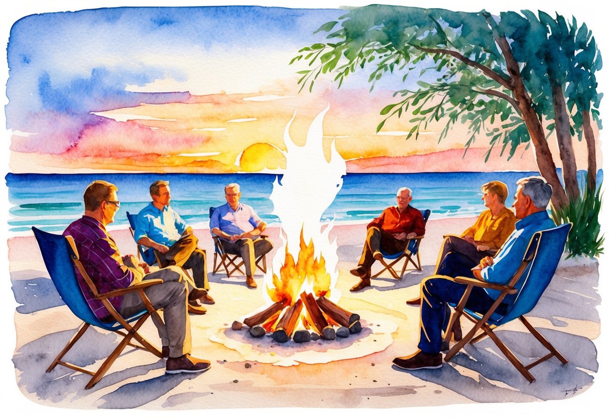 A serene beach at sunset with a campfire surrounded by people in deep conversation, symbolizing the changing mindset towards retirement