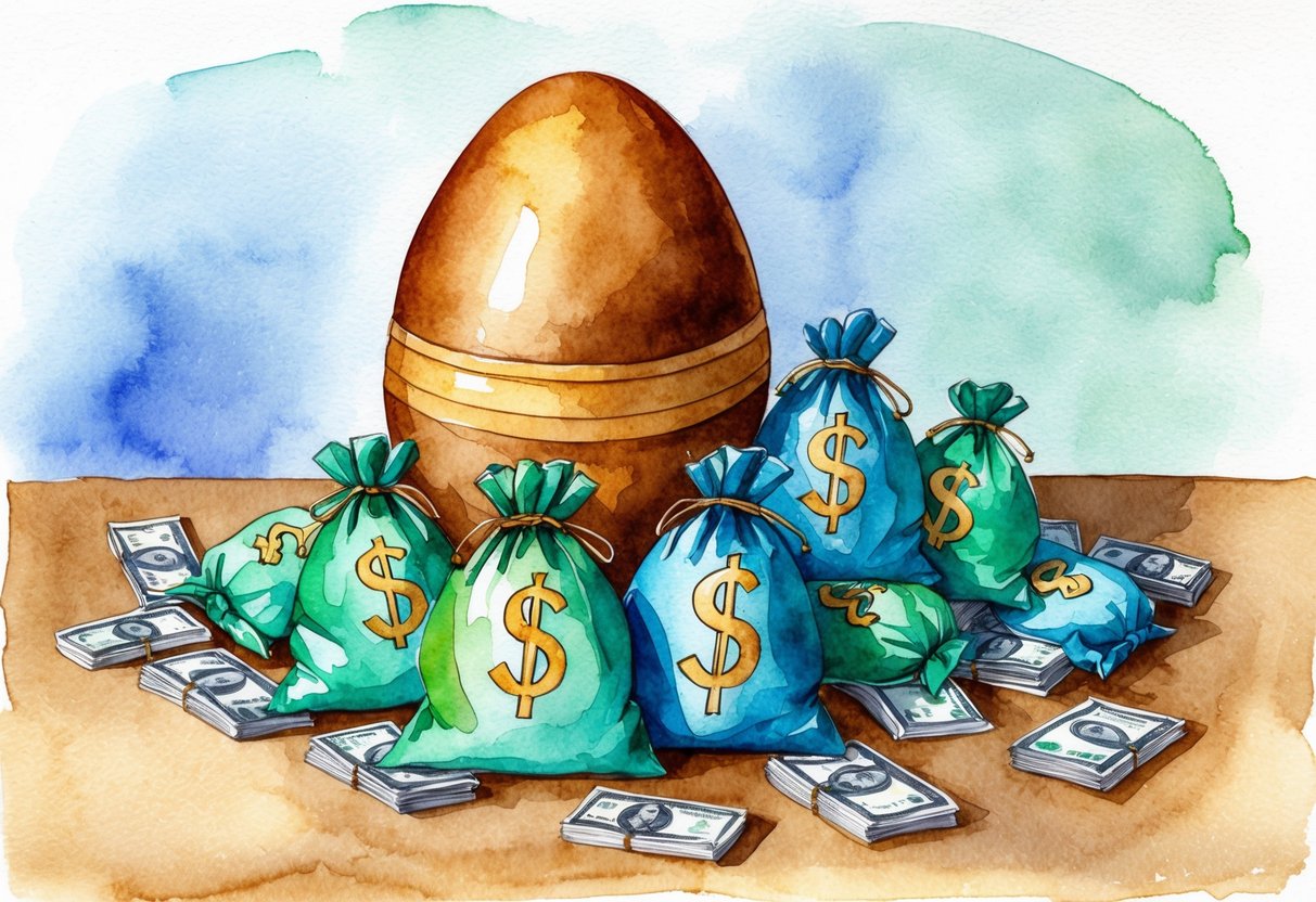 A pile of money bags and investment symbols scattered around a large nest egg on a table