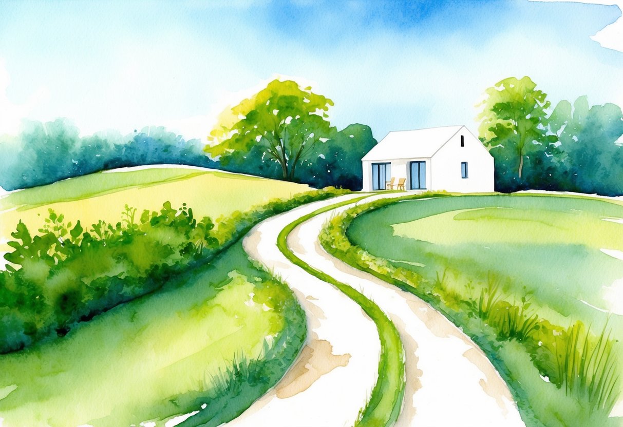 A serene countryside landscape with a winding path leading towards a cozy, minimalist home surrounded by lush greenery and a clear blue sky