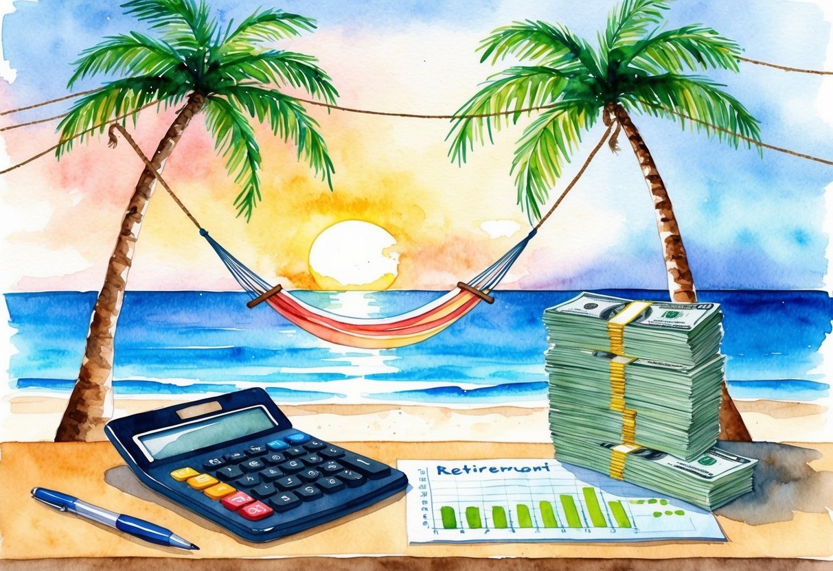 A tranquil beach with a hammock strung between two palm trees, overlooking a sunset-lit ocean. A stack of money symbolizing retirement savings sits on a table next to a calculator and financial charts